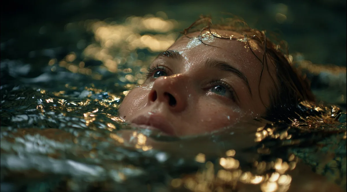 Imagen con IA de Adrián López: una mujer flota en agua oscura con reflejos dorados