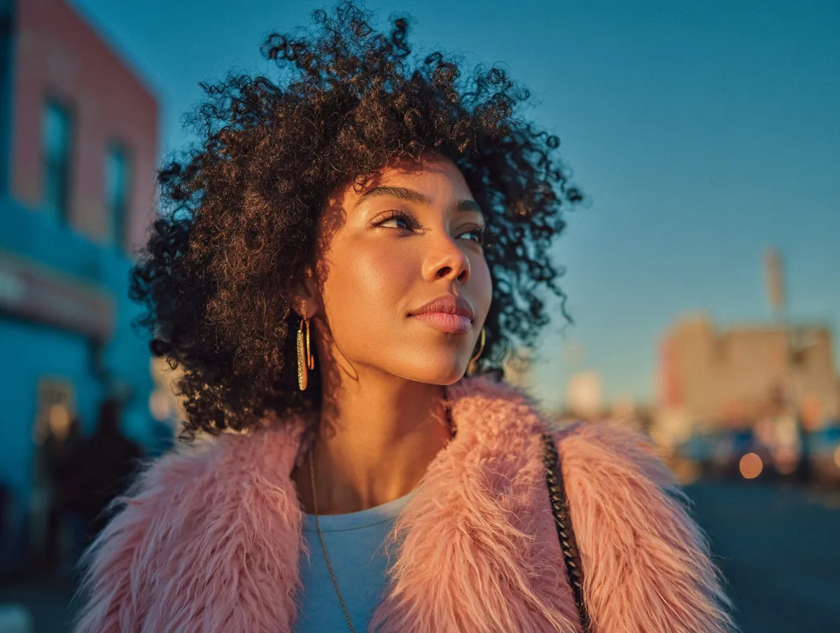 Imagen con IA de Adrián López: una mujer con abrigo de pelo rosa al atardecer