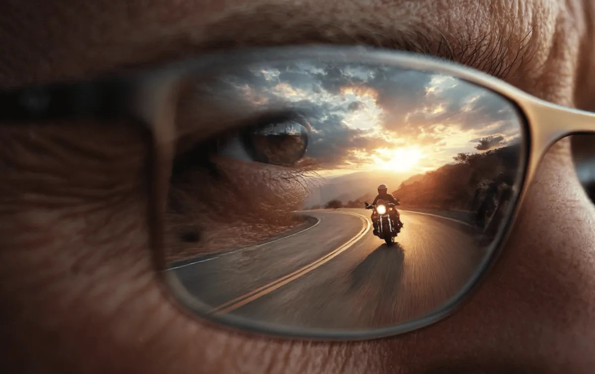 Motorista al atardecer reflejado en unas gafas, imagen con IA de Alliance Artists AI