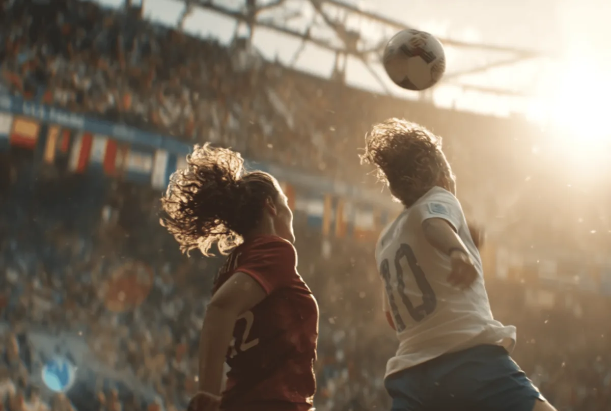 Dos futbolistas saltan a cabecear en un estadio lleno, imagen con IA de Alliance Artists AI