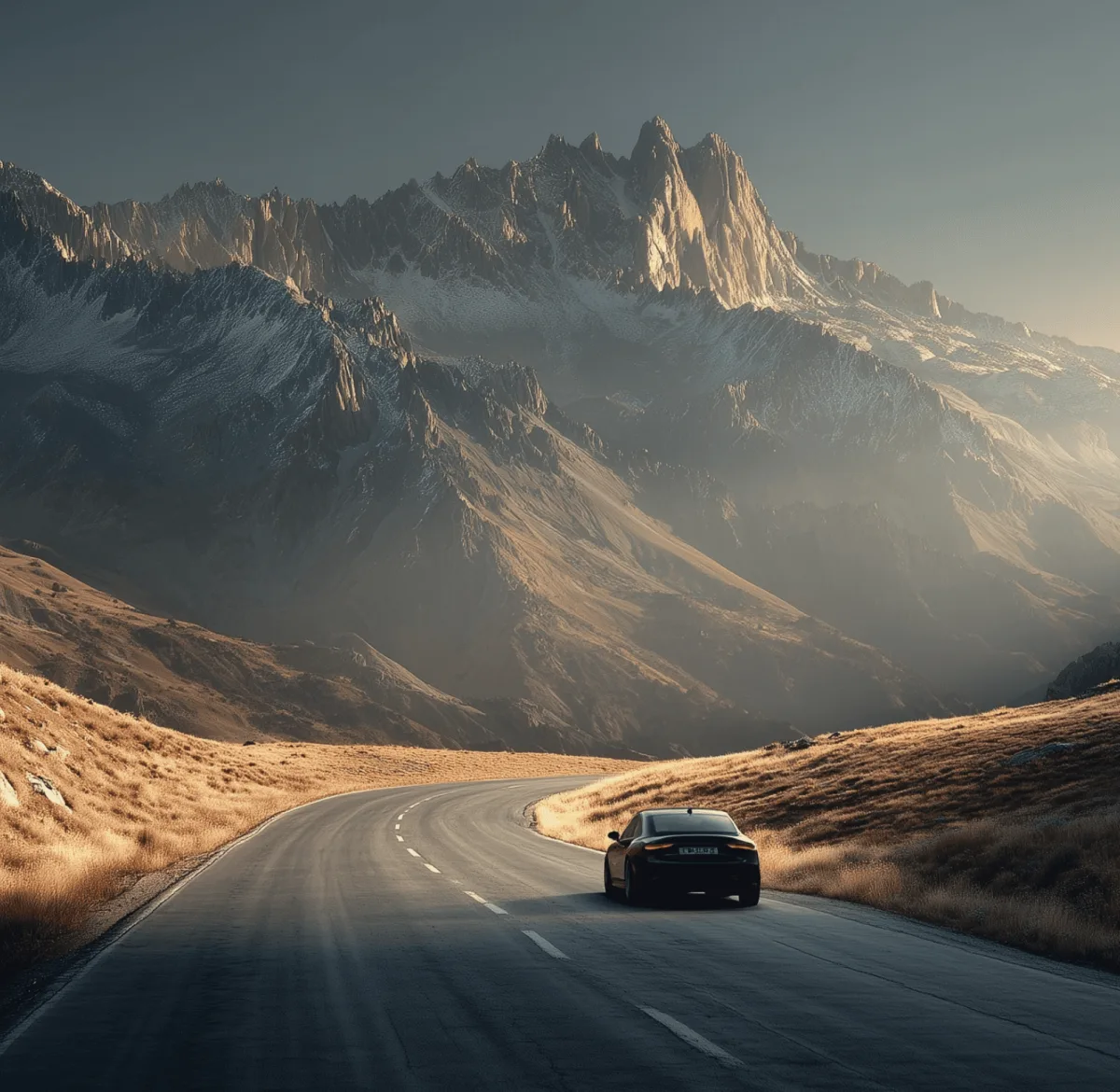 Coche oscuro en una carretera de montaña al atardecer, imagen con IA de Alliance Artists AI