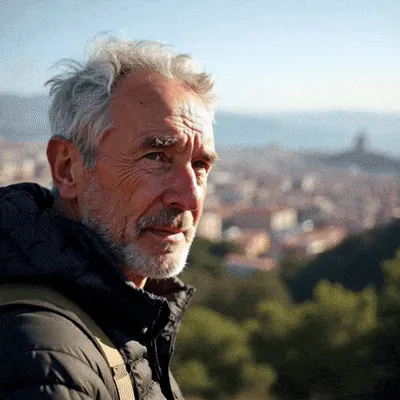 Digital Humans: AI-generated older man with a city view behind him