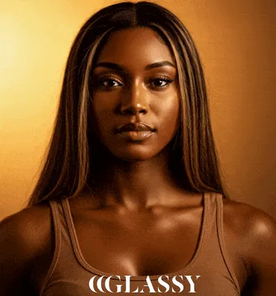 Digital Humans: AI-generated portrait of a woman in a tank top against warm amber light