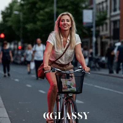 Digital Humans: AI-generated woman riding a bicycle through a city street
