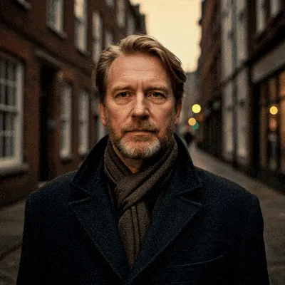 Digital Humans: AI-generated man in a dark coat and scarf on a street at dusk