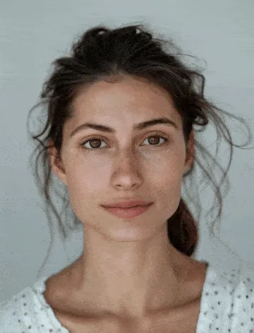Digital Humans: AI-generated natural portrait of a woman against a pale background