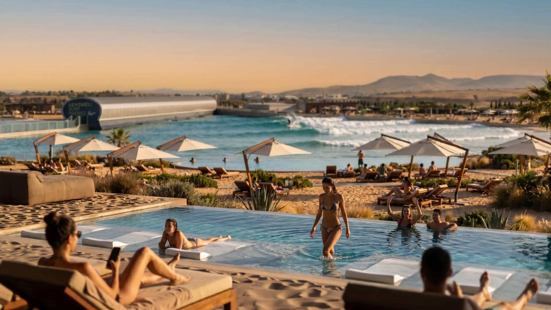 Gemswell Society, película con IA: socios en la piscina con la laguna de surf al fondo