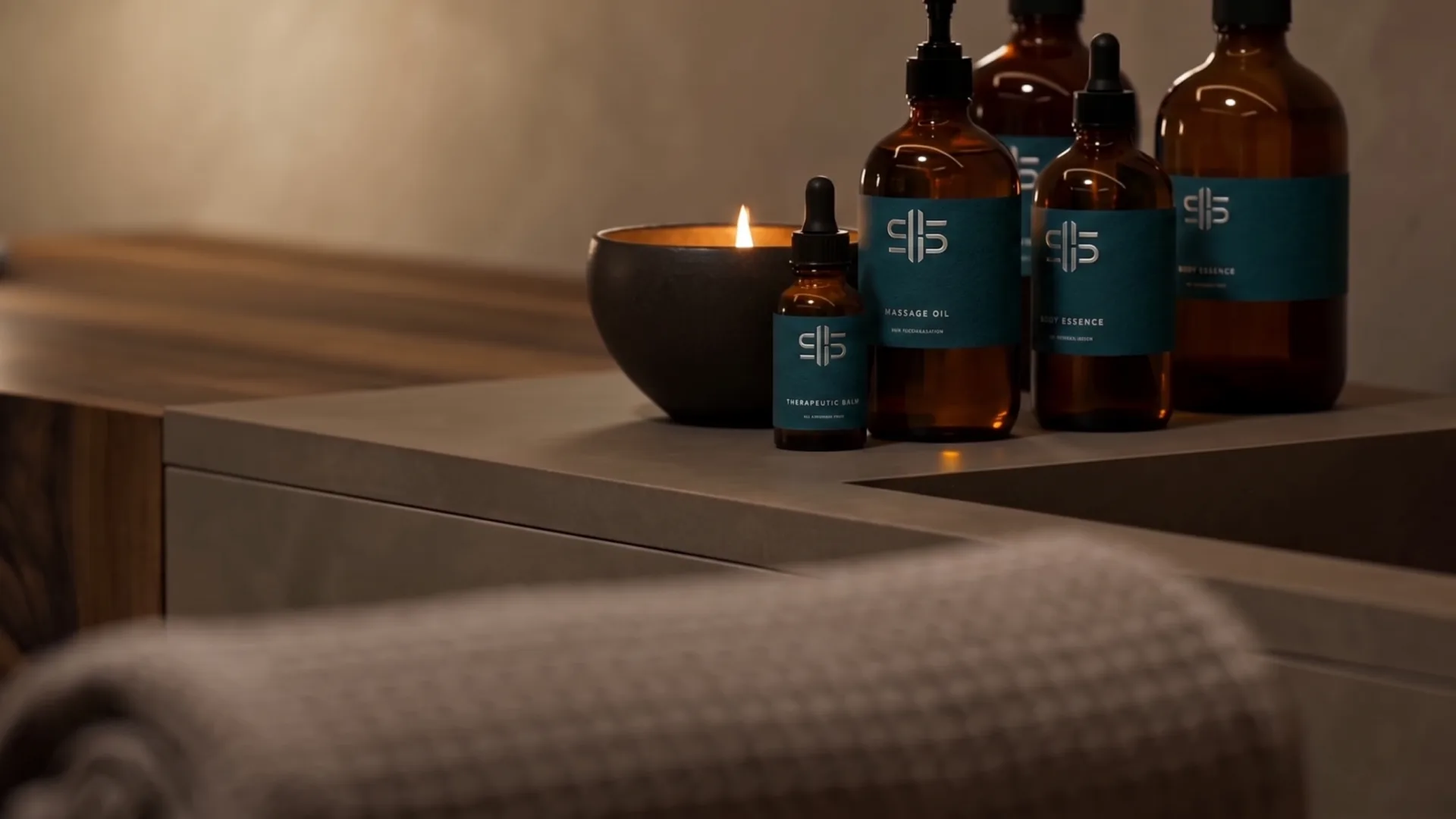 Gemswell Society, película con IA: aceites del spa, una vela y una toalla enrollada