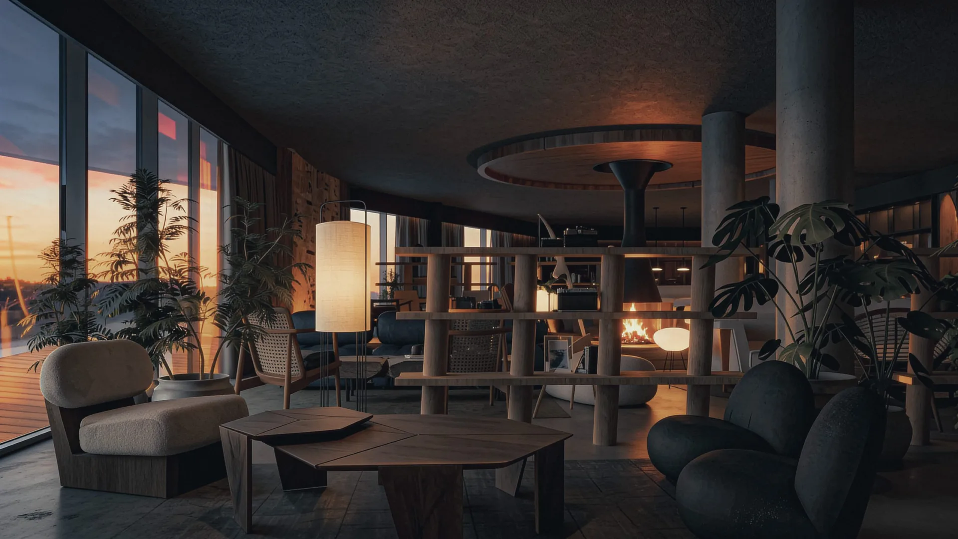 Gemswell Society, película con IA: el salón del club al anochecer con la chimenea encendida