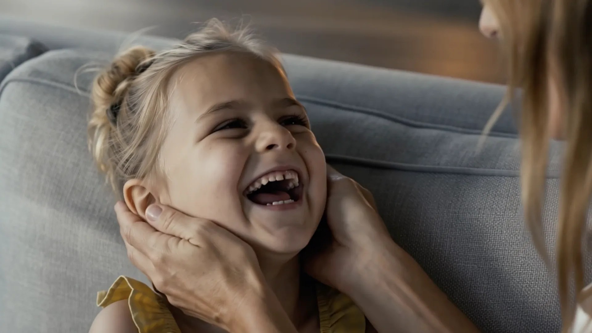 Gemswell Society, película con IA: una niña ríe mientras su madre le sostiene la cara