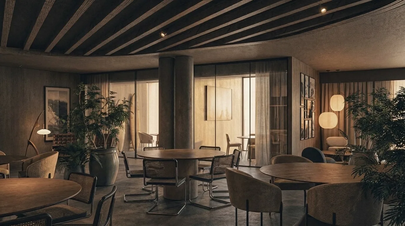 Gemswell Society, película con IA: el restaurante del club con mesas redondas y luz cálida