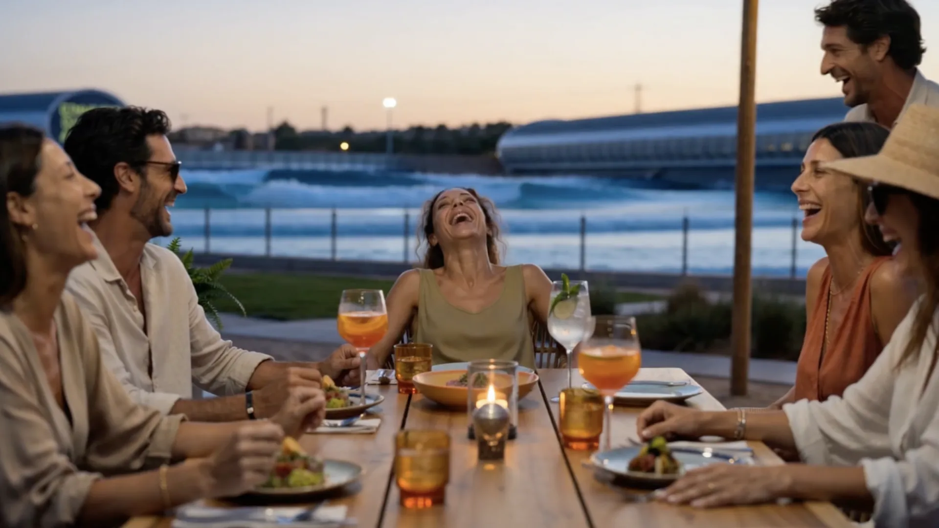 Gemswell Society, película con IA: amigos cenando al atardecer junto a la laguna de surf