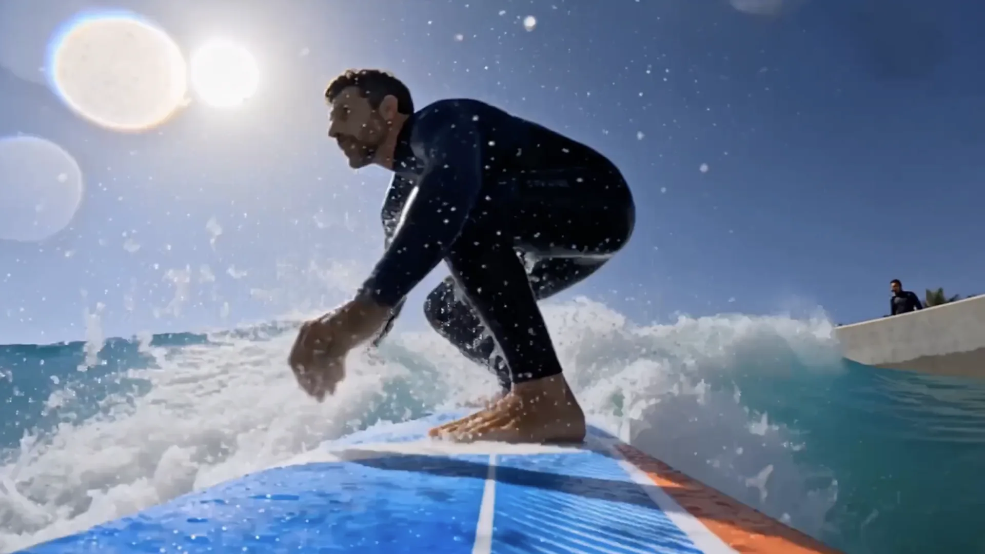 Gemswell Society, película con IA: un surfista coge una ola en la laguna