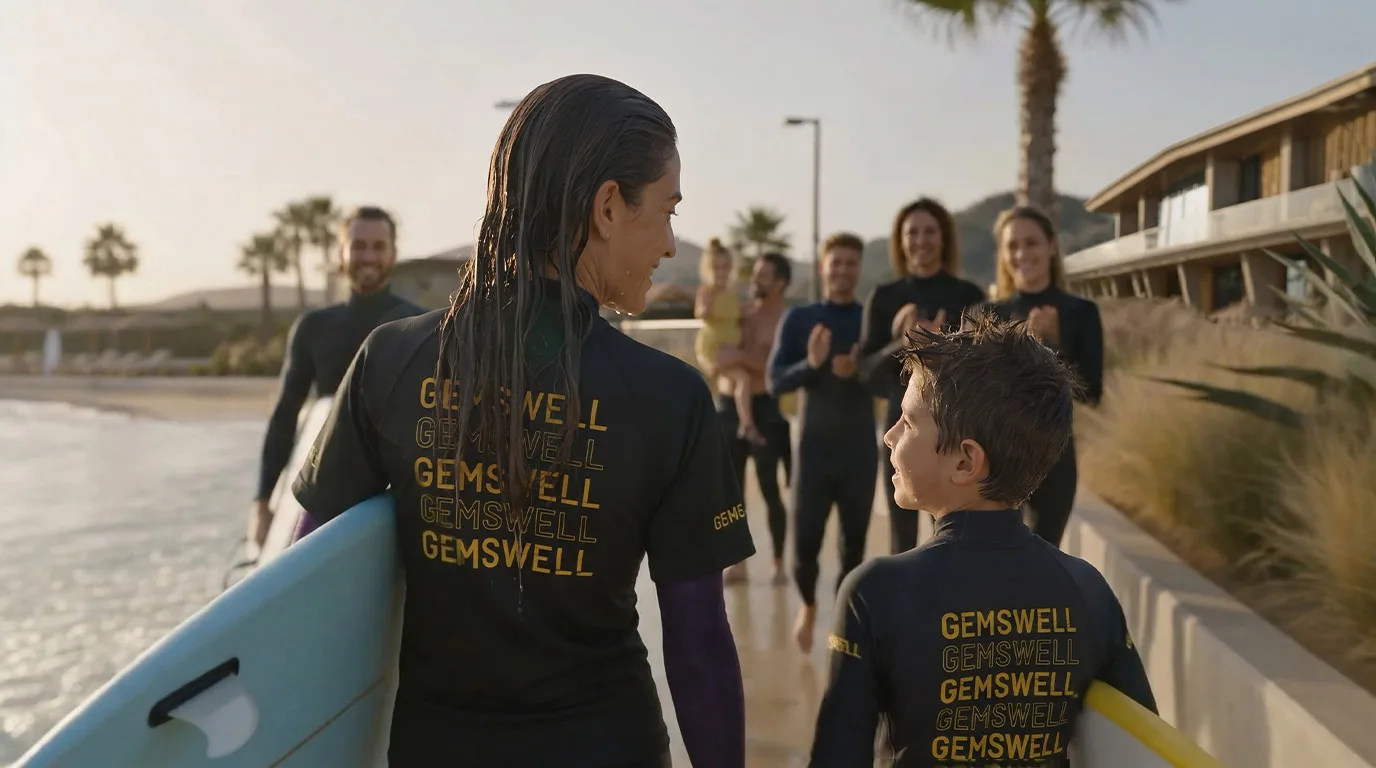 Gemswell Society, película con IA: socios con neoprenos de Gemswell vuelven del agua
