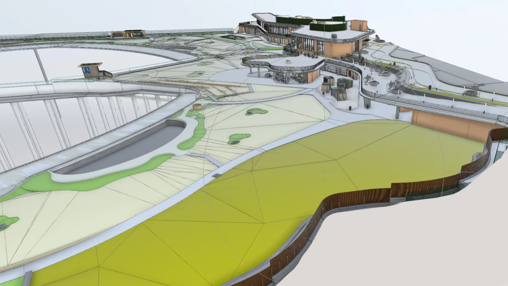 Gemswell architectural model: aerial view of the planned surf park buildings and landscaping