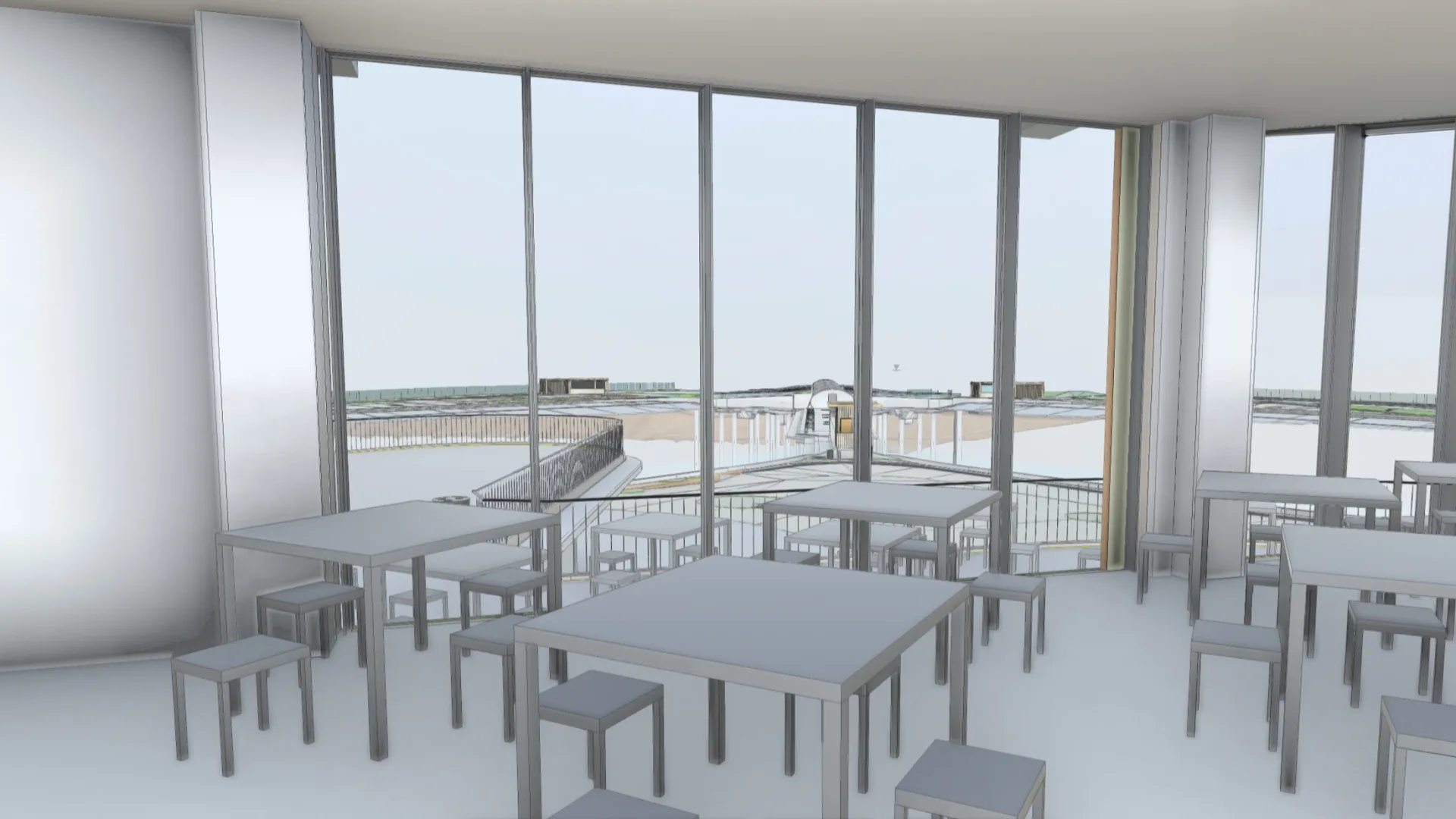 Gemswell architectural render: restaurant interior with tables facing the lagoon