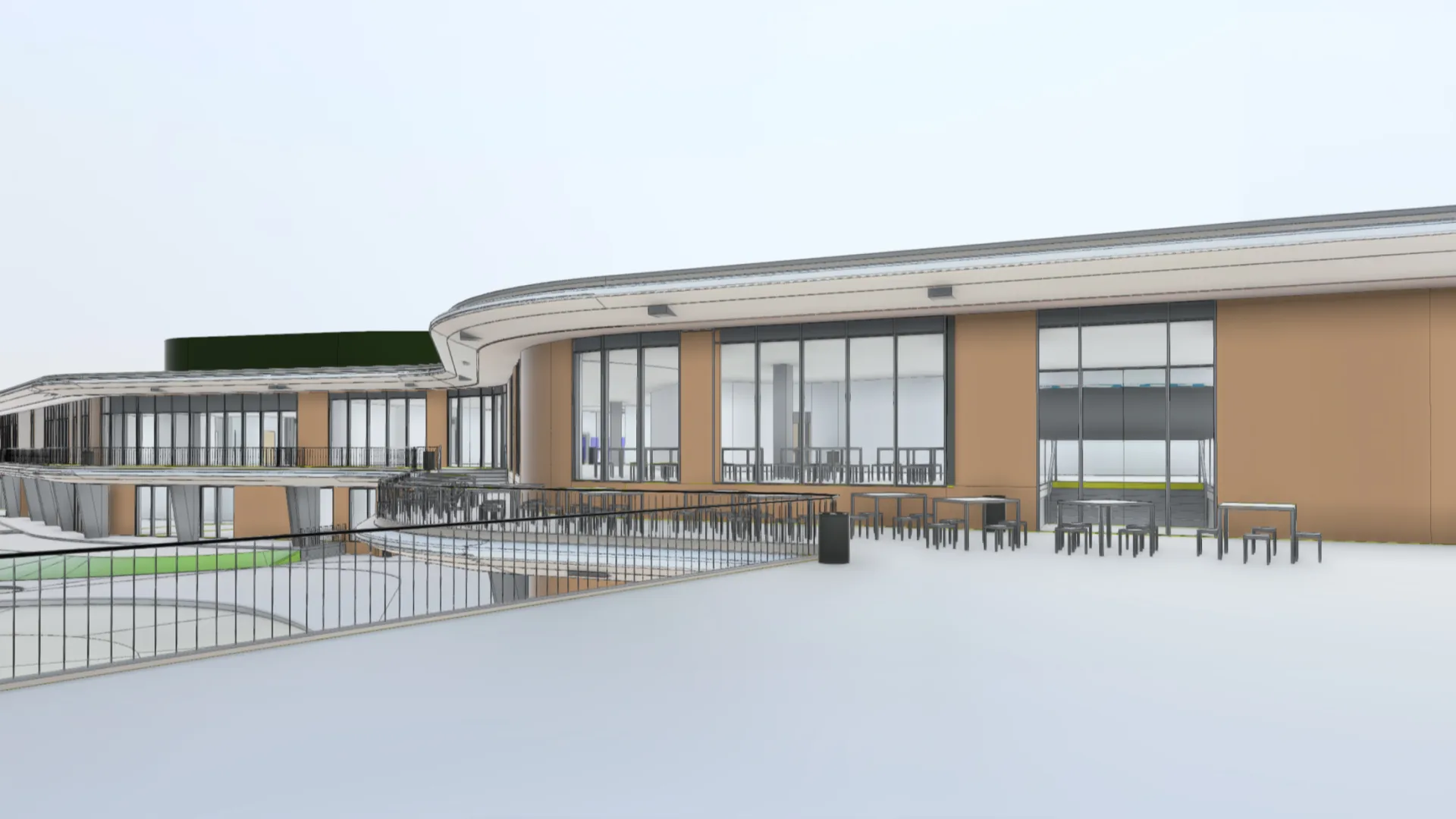 Gemswell architectural render: clubhouse facade with an outdoor terrace
