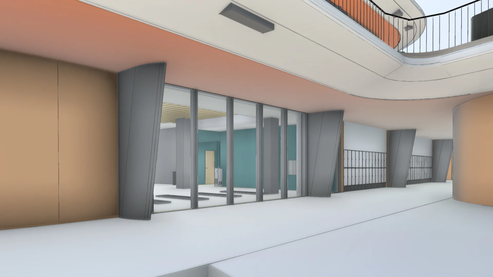 Gemswell architectural render: covered walkway and glass shopfronts of the planned complex