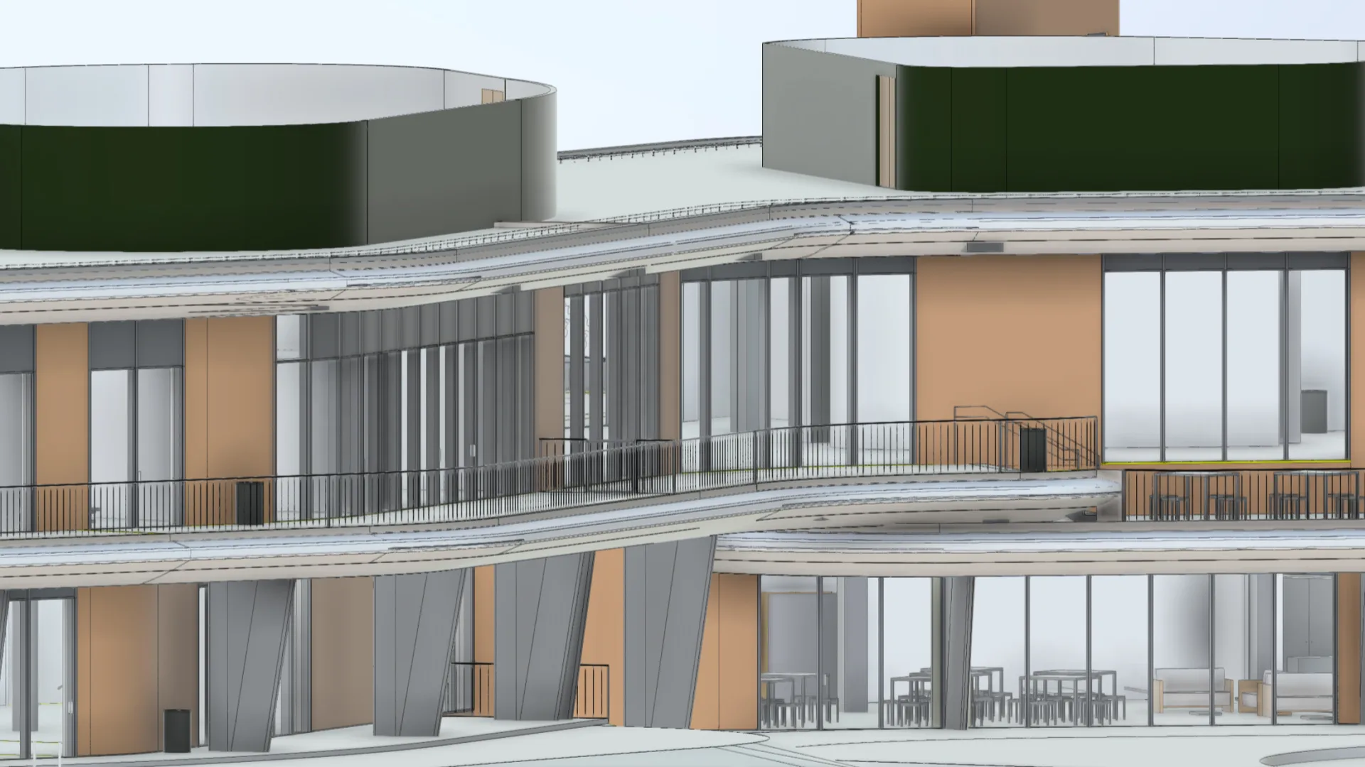 Gemswell architectural render: curved multi-level facade of the planned surf park building