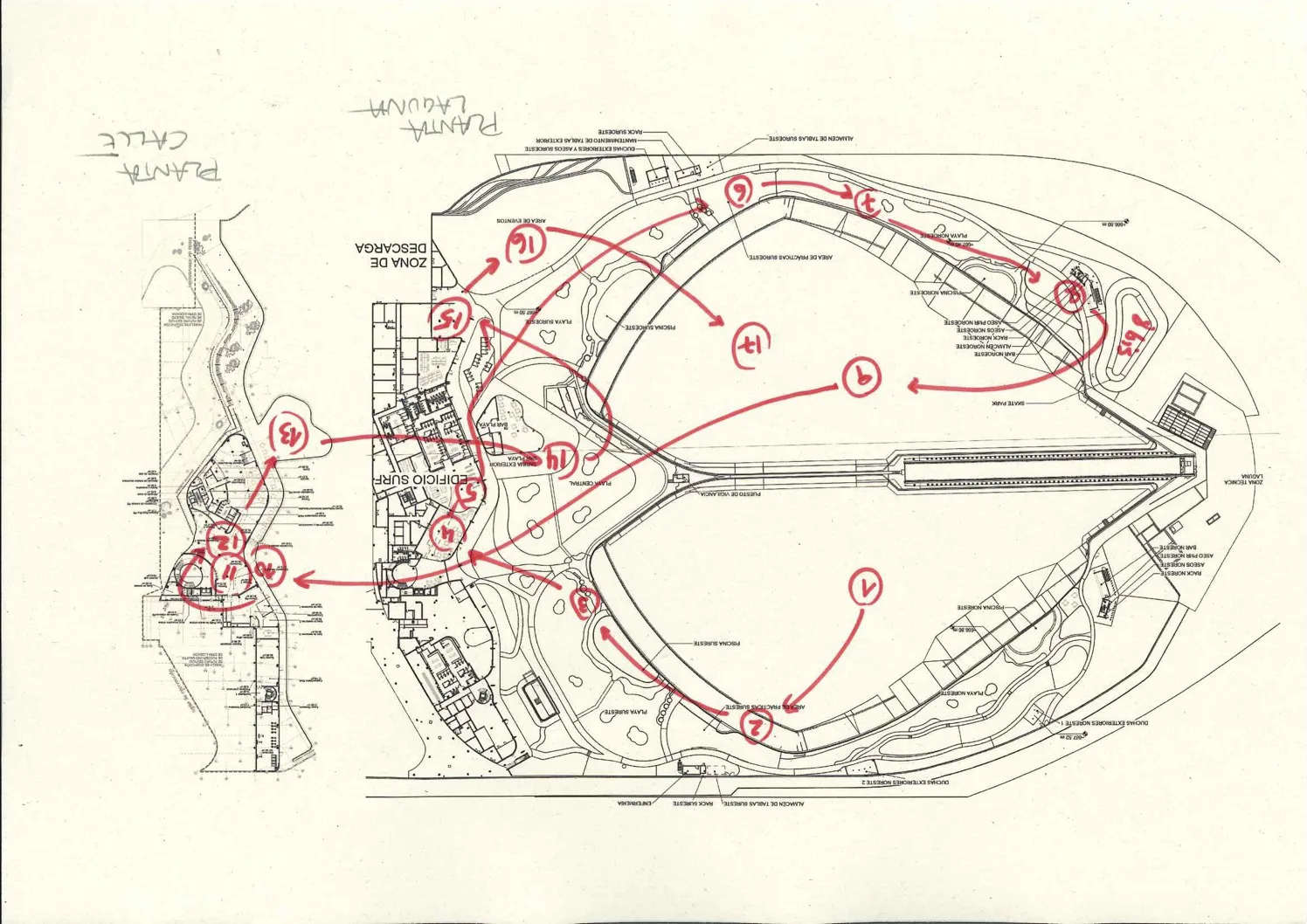 Gemswell technical site plan marked by hand with the numbered camera route around the lagoon