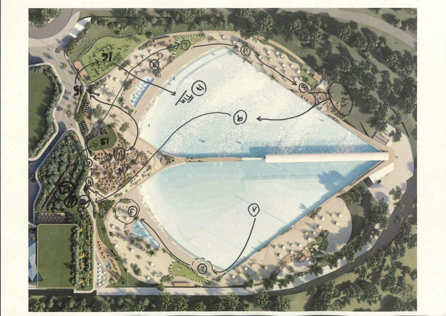 Gemswell aerial render of the surf lagoon annotated by hand with the numbered shot route