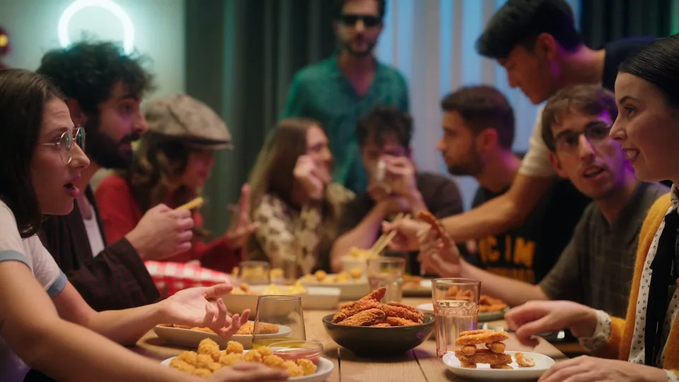 Fotograma de un trabajo de Humbert Aparicio: un grupo de amigos comparte pollo frito alrededor de una mesa