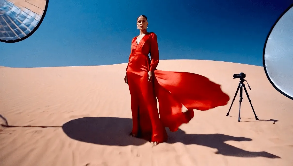 I drink my passion, fotograma generado con IA: mujer con vestido rojo en el desierto