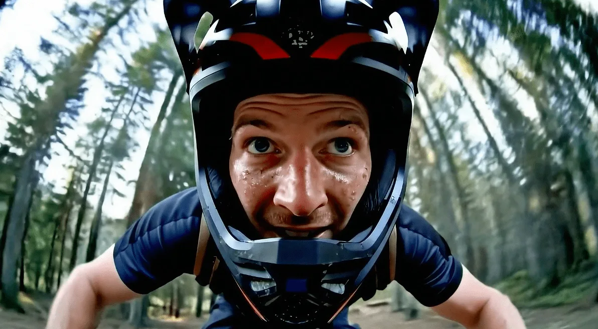 I drink my passion, fotograma generado con IA: ciclista de montaña con casco integral