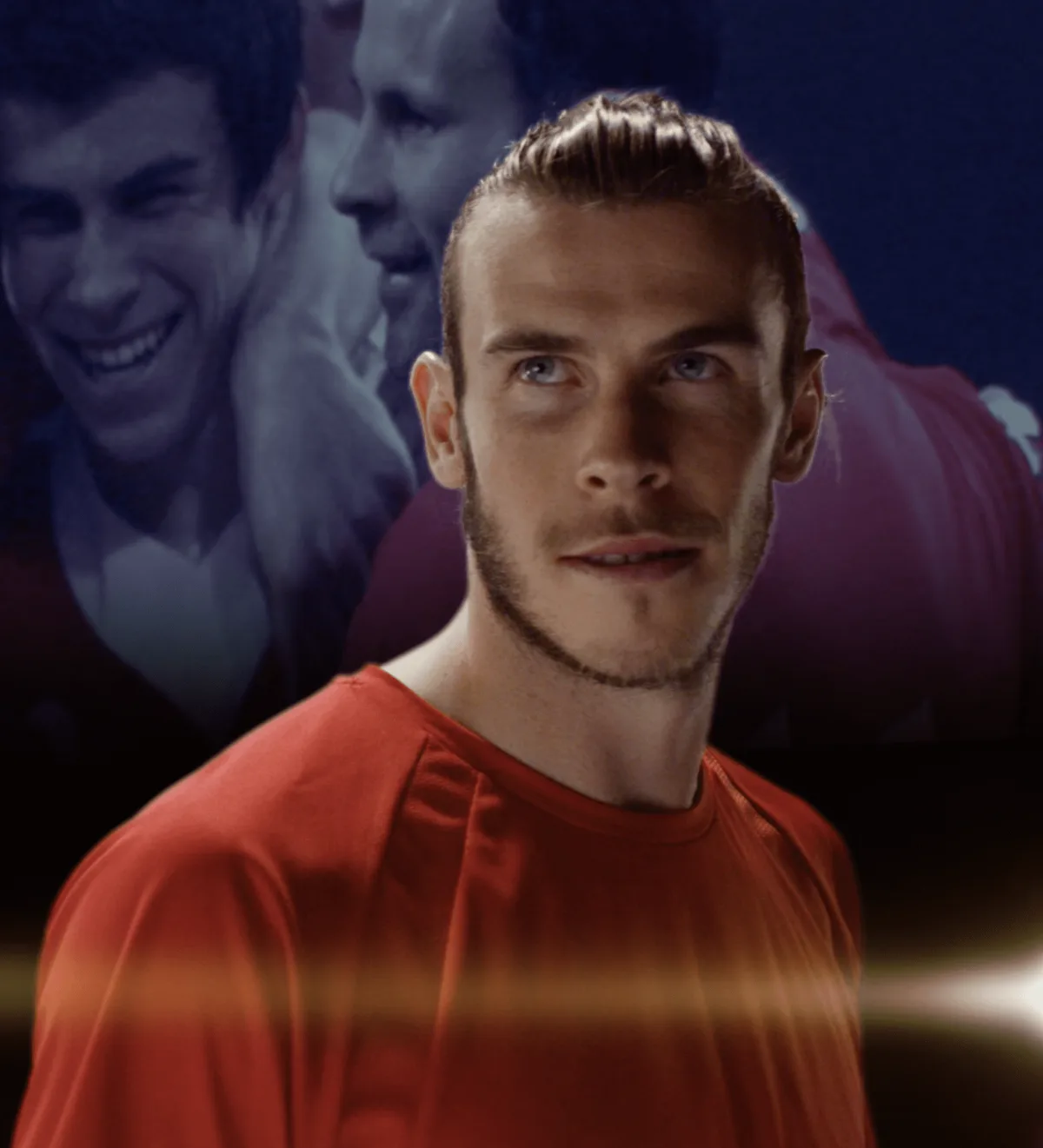 Futbolista con camiseta roja sobre imágenes de archivo, de un anuncio de Marco de Aguilar