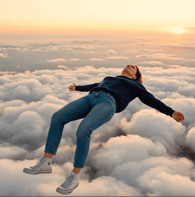 AI image of a woman floating above the clouds at sunset, from a commercial by Miki Durán