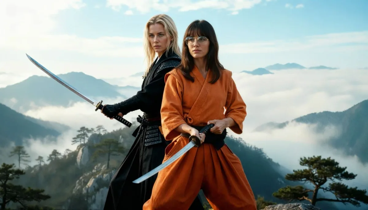 AI image of two women with katanas on a misty mountain, from a commercial by Miki Durán