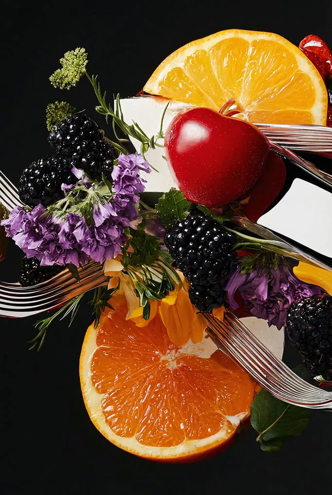 Naranjas, moras, flores y tenedores retorcidos sobre fondo negro, trabajo con IA de Mister Nitch