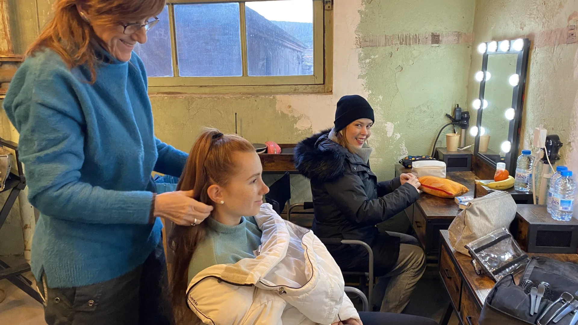 OCB Rolling Revolution shoot: hair and make-up preparing an actress in the old mill