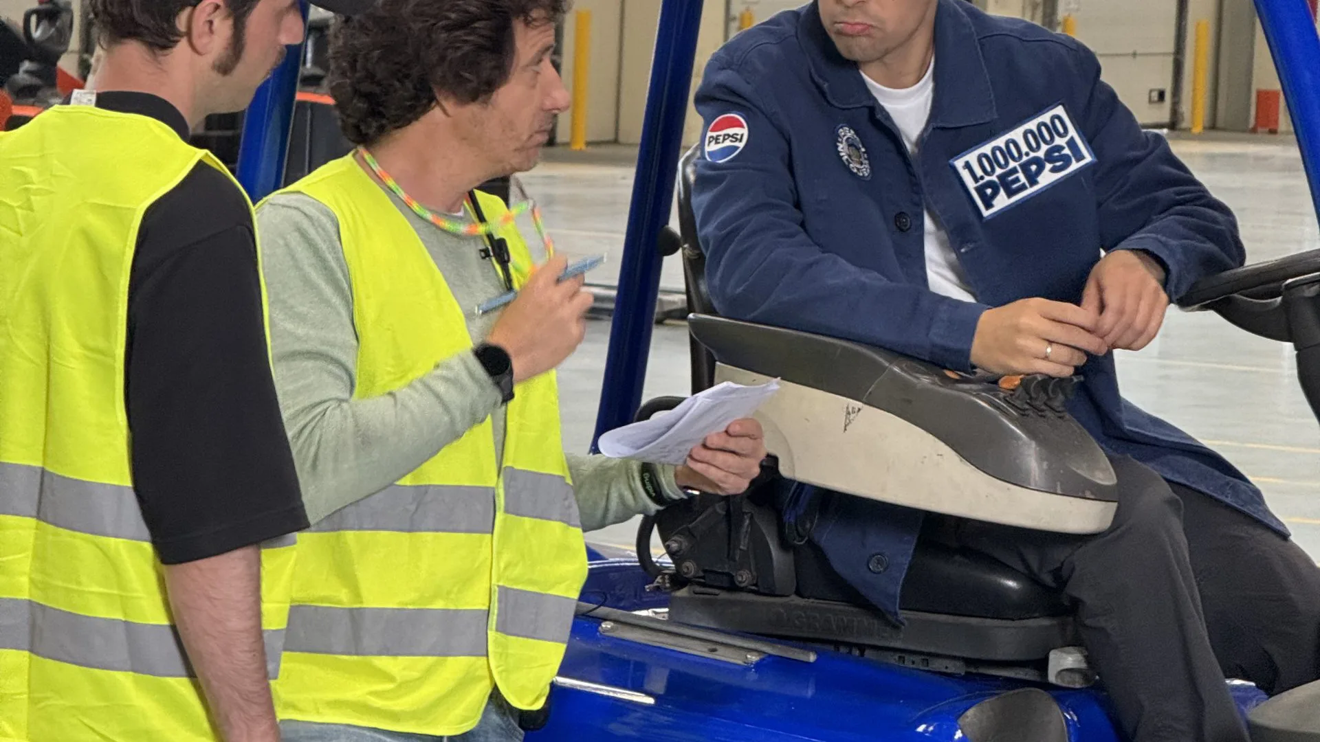 Pepsi x Nil Ojeda shoot: crew briefing the talent on a Pepsi forklift
