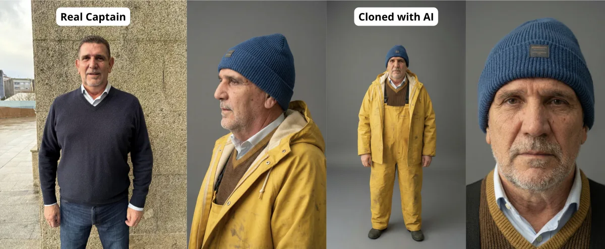 Proceso con IA de Pescanova: el capitán real junto a su versión clonada de pescador