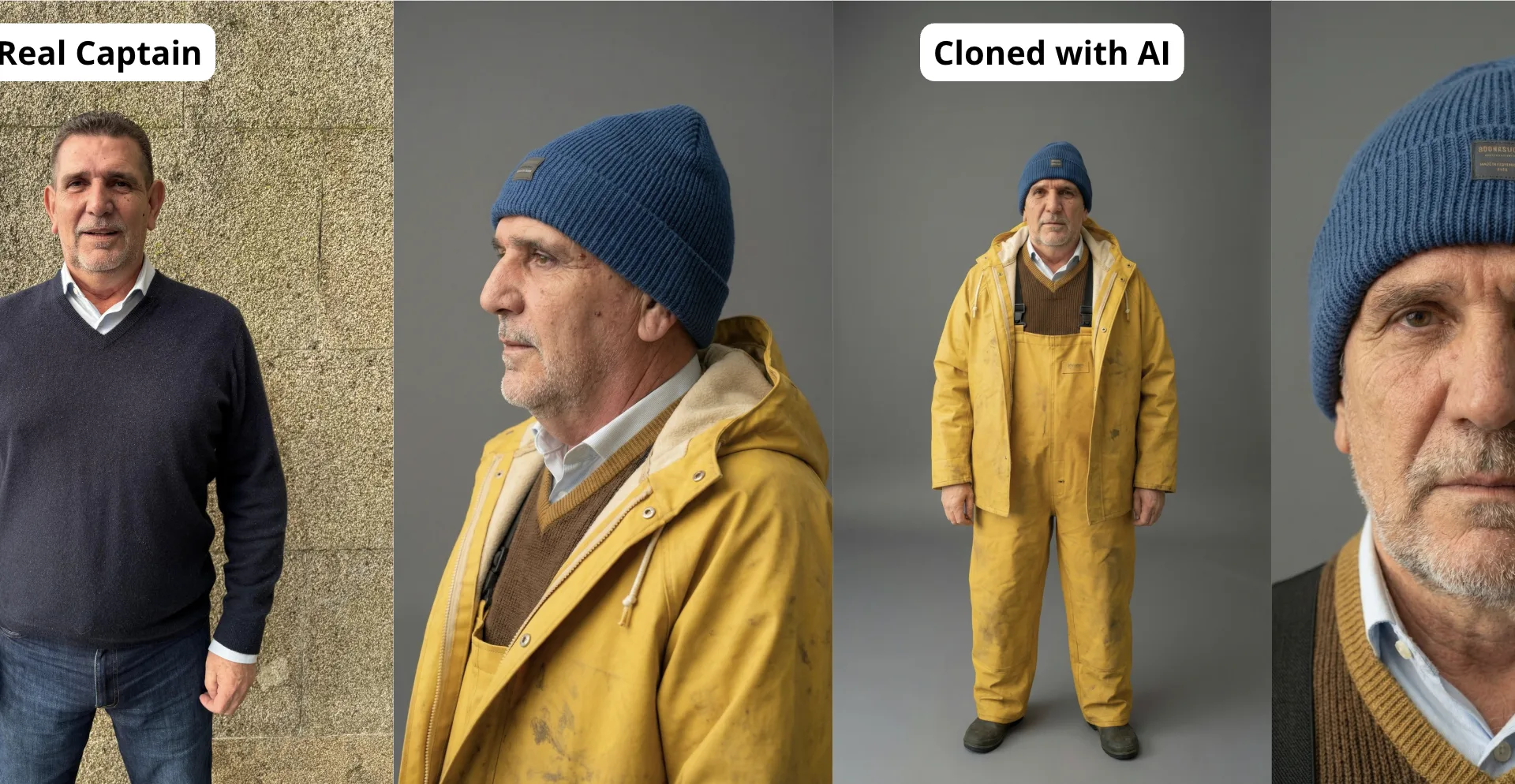 Pescanova AI process: the real captain beside his AI-cloned version in fisherman's oilskins