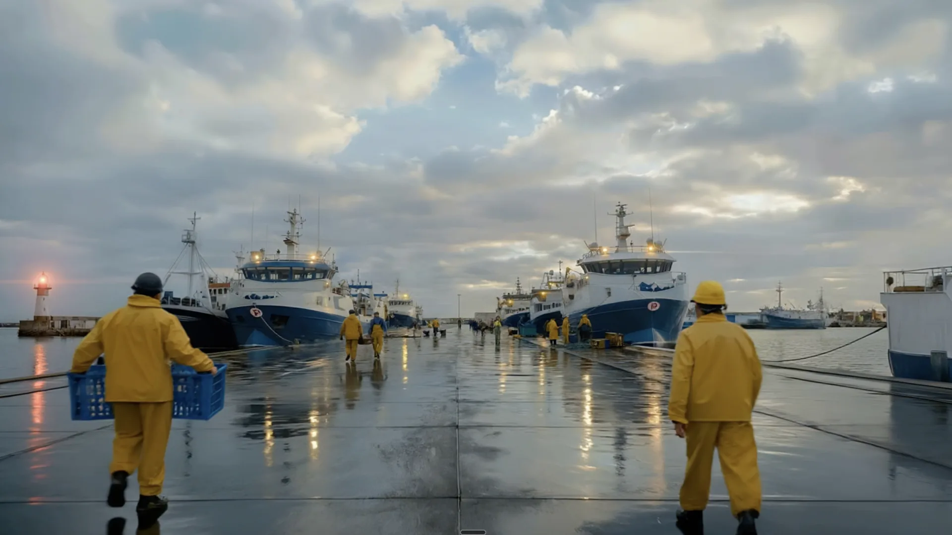 Pescanova commercial still: fishermen in yellow gear on a wet dock lined with trawlers