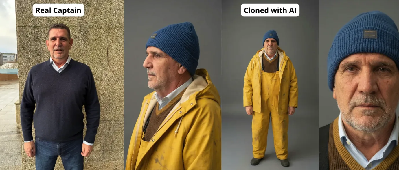Pescanova AI process: the real captain beside his AI-cloned version in fisherman's oilskins