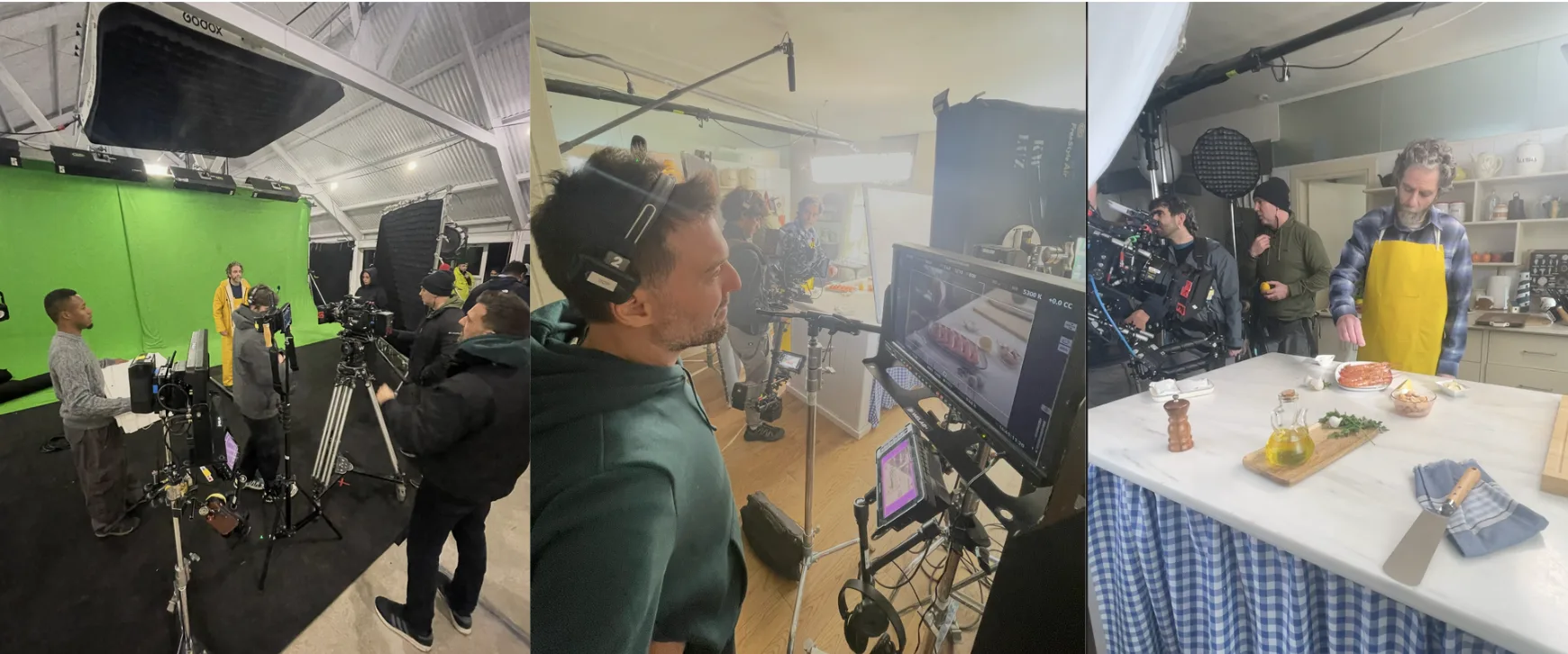 Pescanova shoot: three behind-the-scenes shots of the green screen and kitchen sets