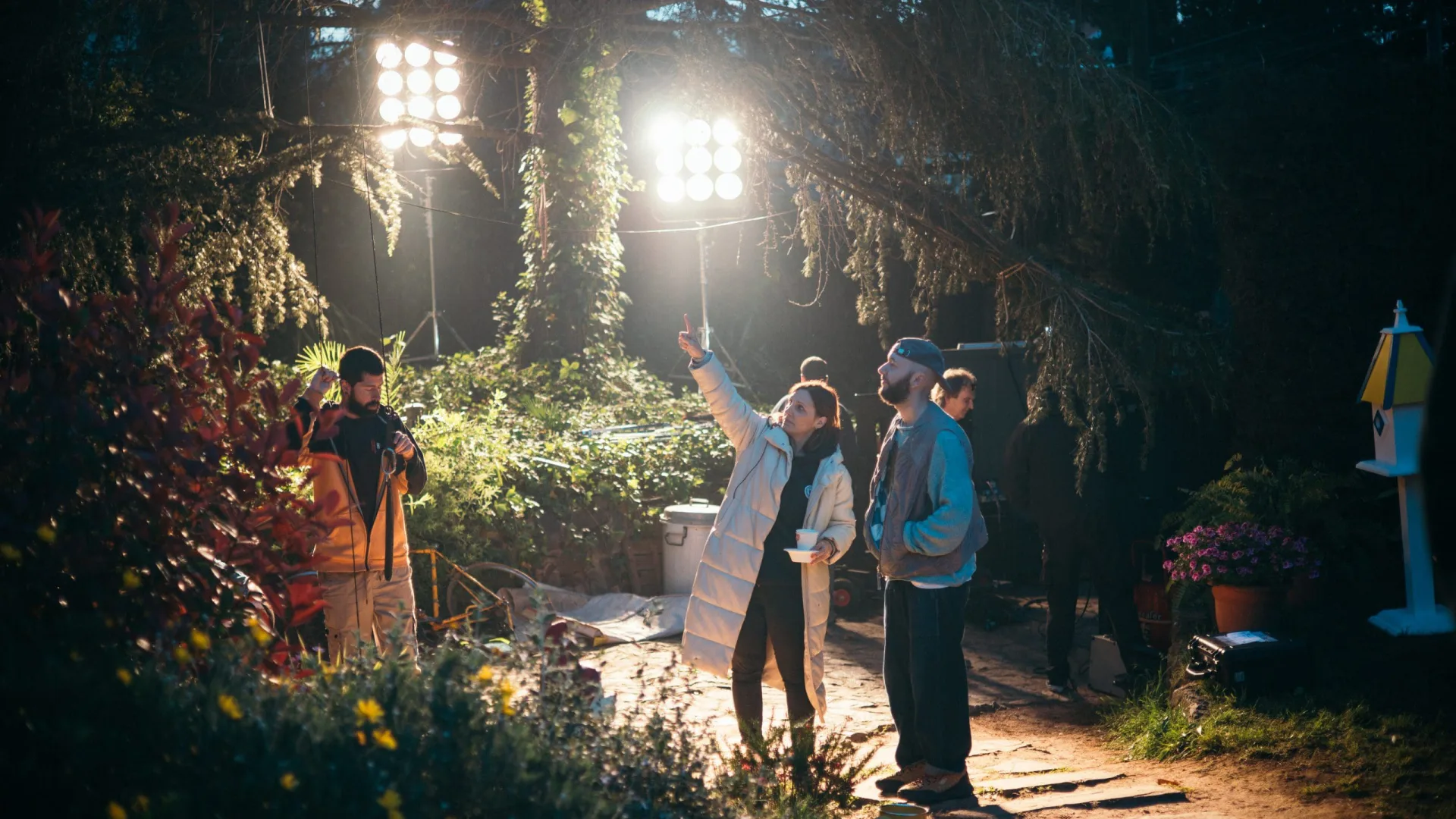 Shredded Wheat shoot: night work in the garden under lighting rigs hung from the trees