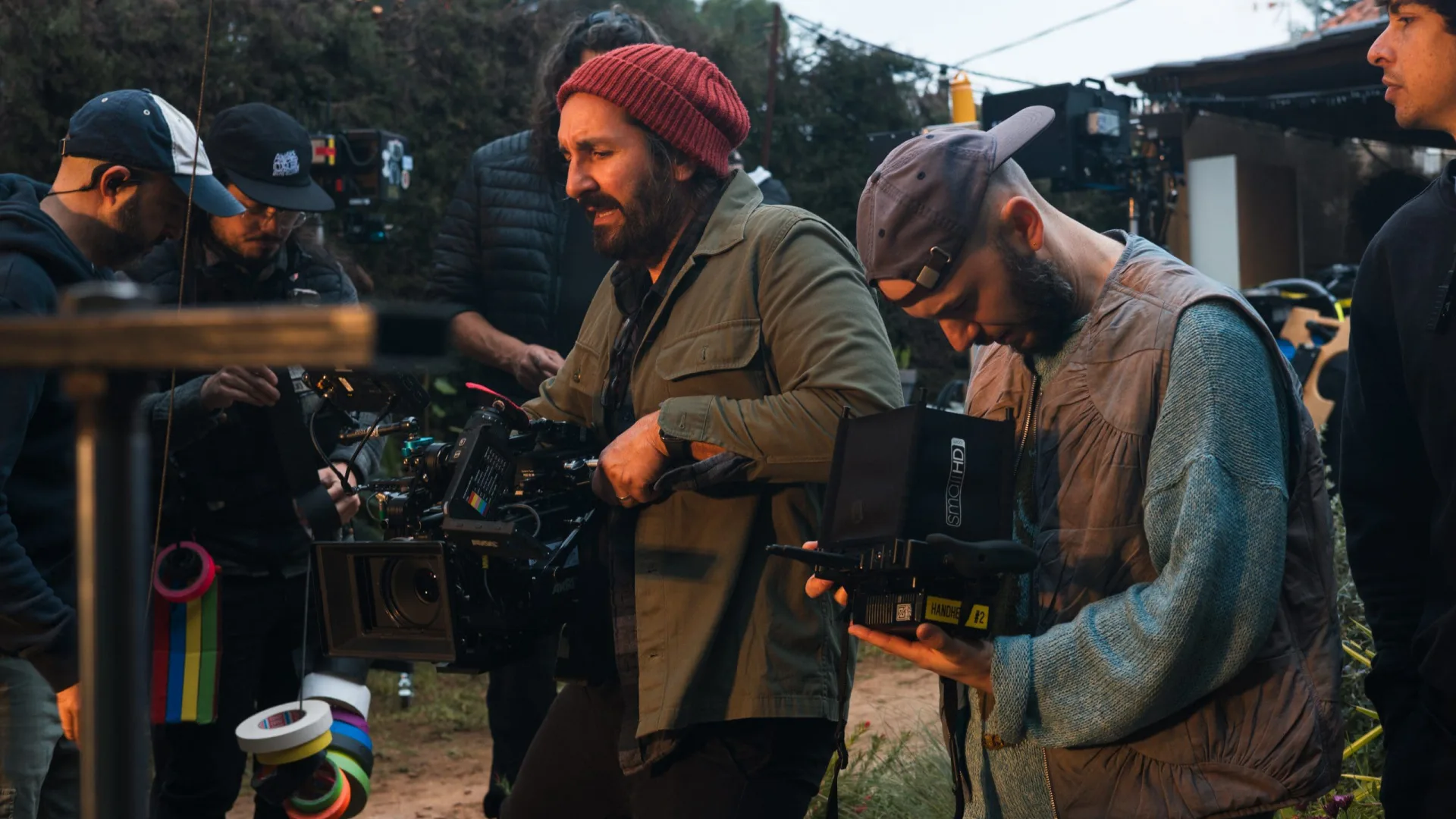 Shredded Wheat shoot: camera team preparing the camera and monitor at dusk