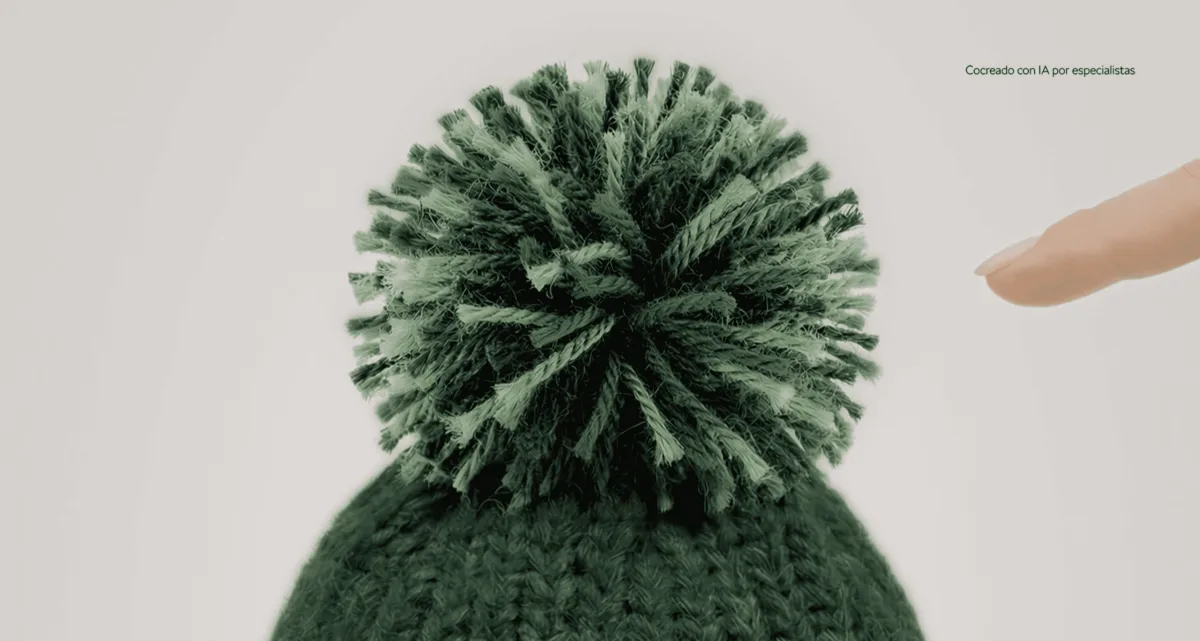 Škoda, fotograma generado con IA: un dedo tocando un pompón de lana verde