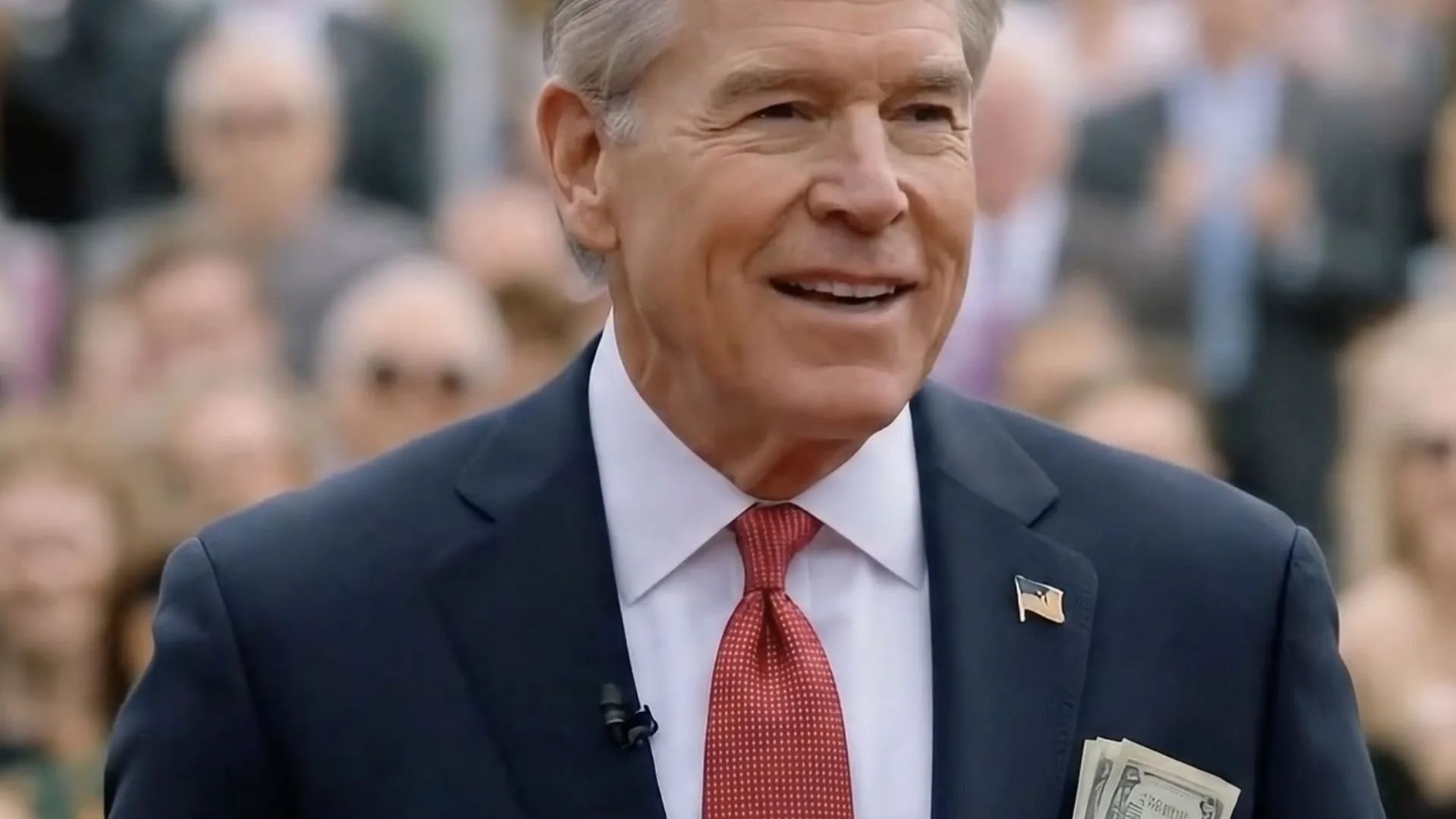 The death of visual evidence, AI frame: smiling man in a suit with banknotes in pocket