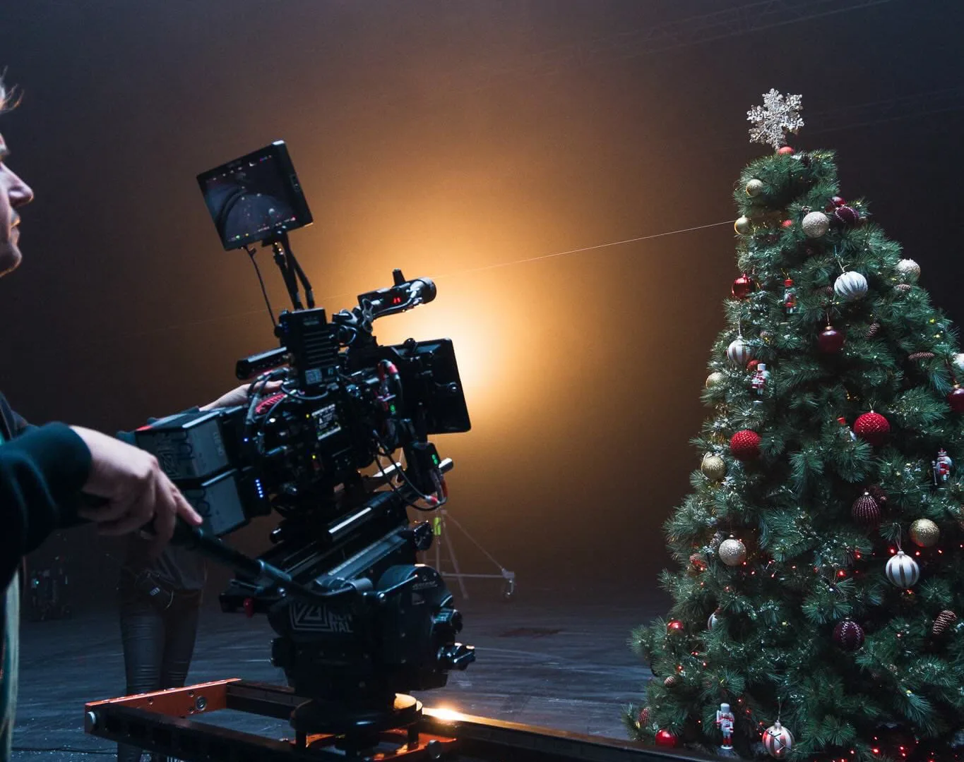 Volkswagen Golf GTI shoot: camera on a slider framing a decorated Christmas tree in the studio
