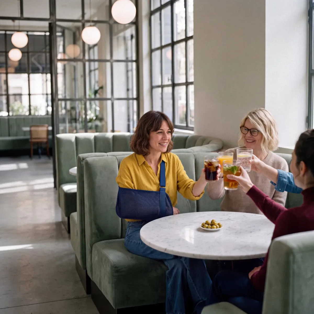 Campaña de Aegon hecha con IA: cuatro amigas brindan en una cafetería, una con el brazo en cabestrillo