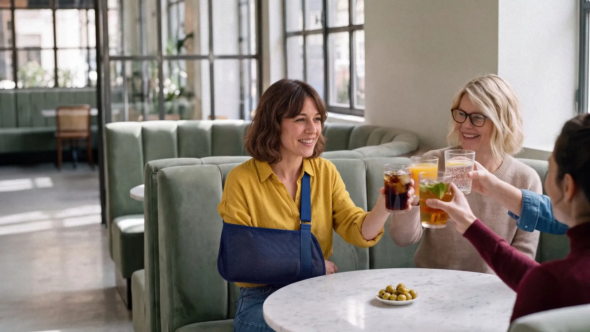 Aegon campaign image made with AI: four friends toast at a café table, one with her arm in a sling