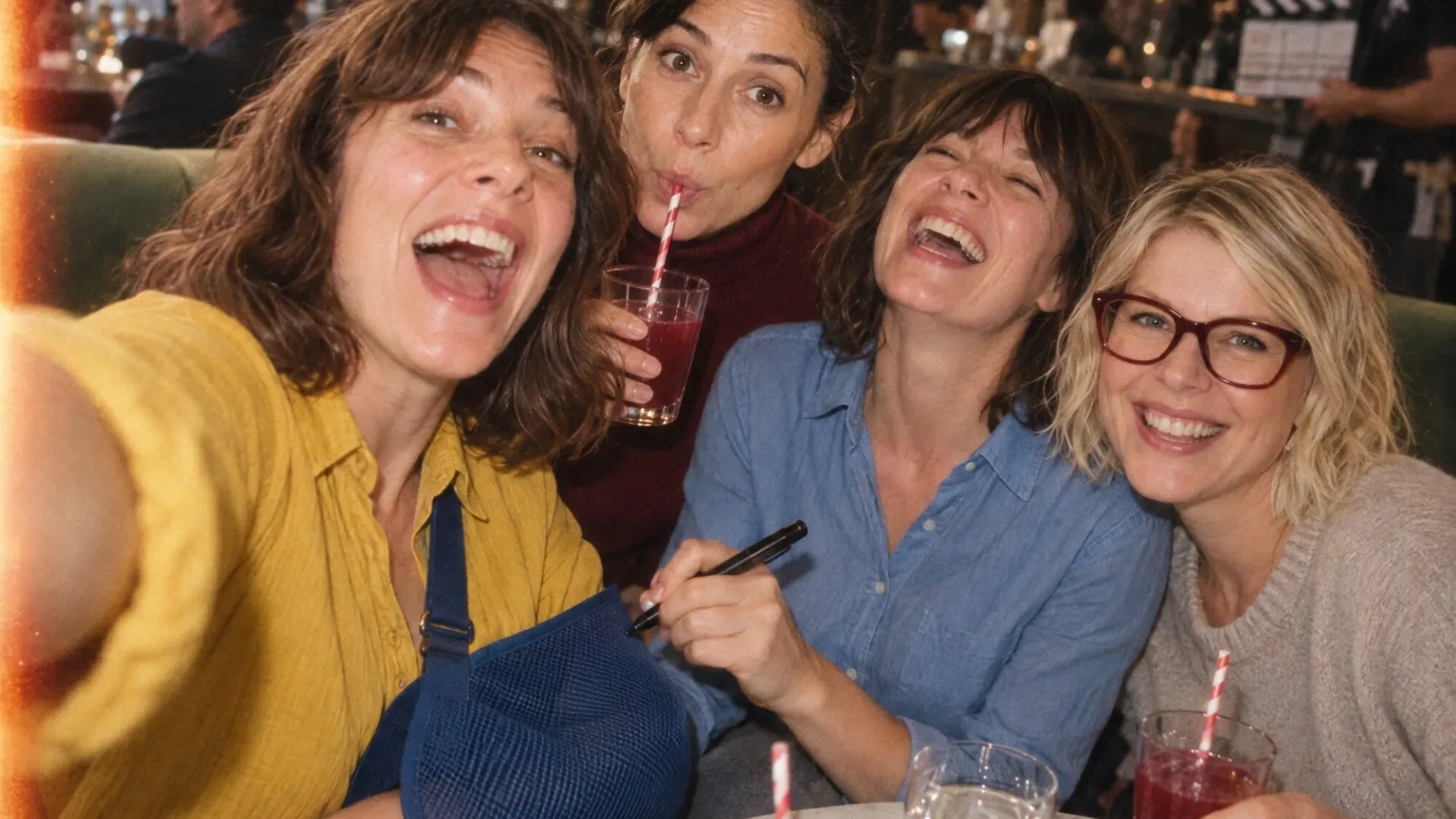 AI-generated mock behind-the-scenes selfie: the four friends from the Aegon café scene laughing on set