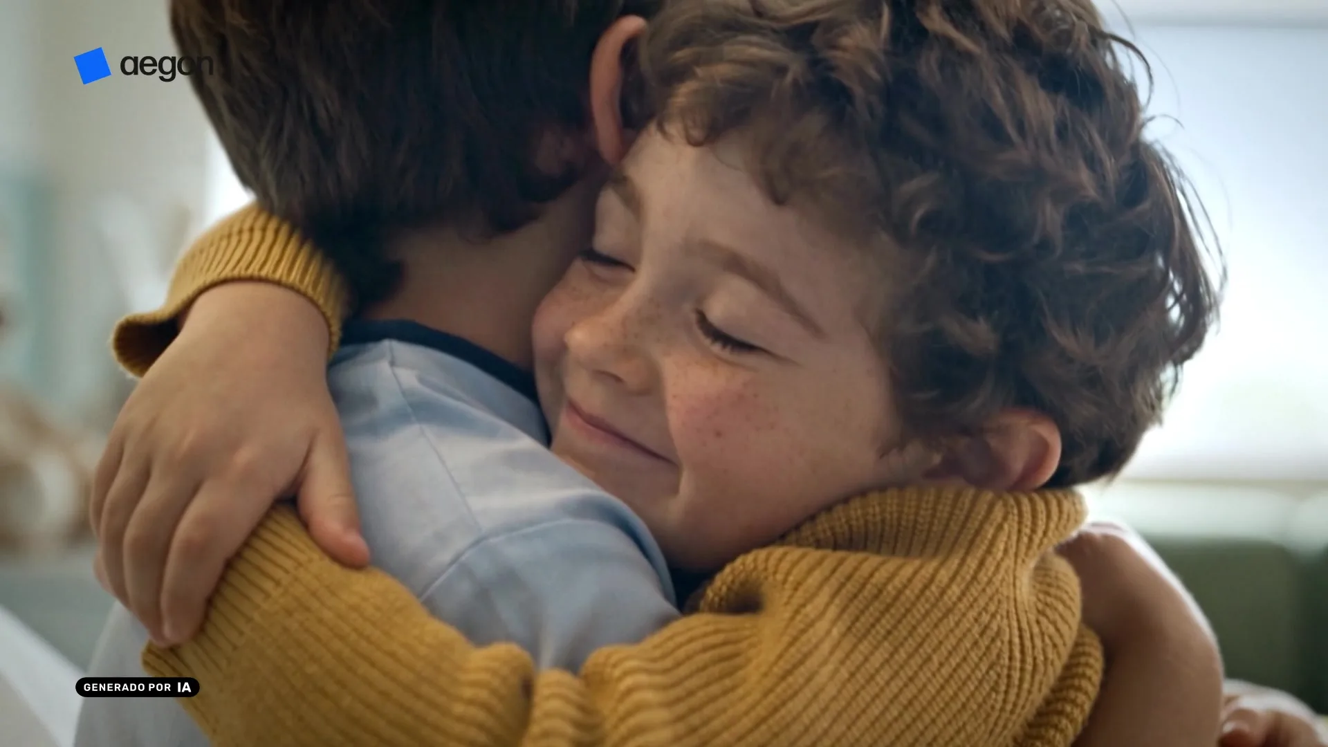 Still from the Aegon spot: two boys hug, one of them in hospital pyjamas