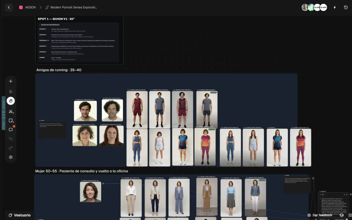 Proceso de Aegon en Magnific: tablero de casting con caras de personajes creados con IA y opciones de vestuario
