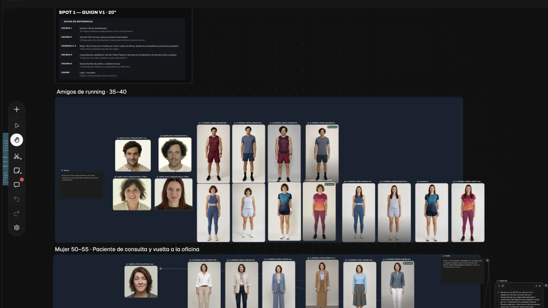 Aegon process in Magnific: casting board with AI-generated character faces and wardrobe options